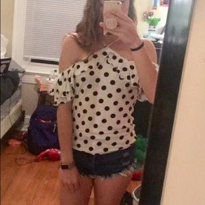 White off the shoulder blouse w/ black polka dots